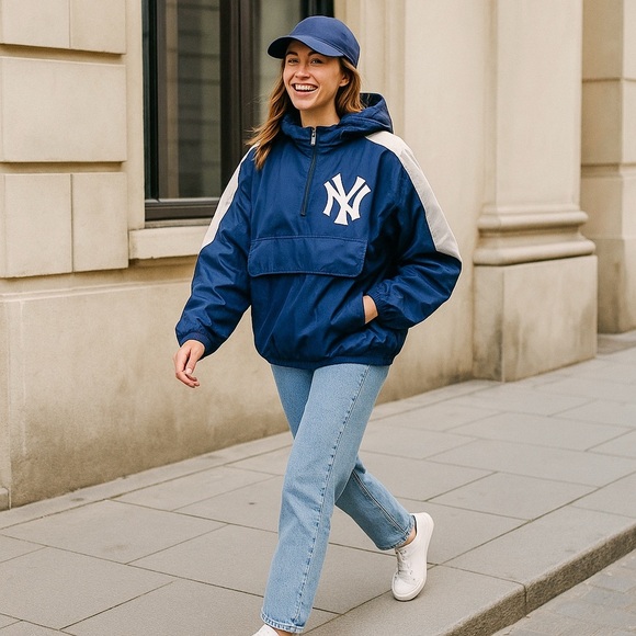 NY Yankees Pullover Jacket – Size L | Navy Blue Colorblock Hooded Windbreaker - Picture 1 of 9
